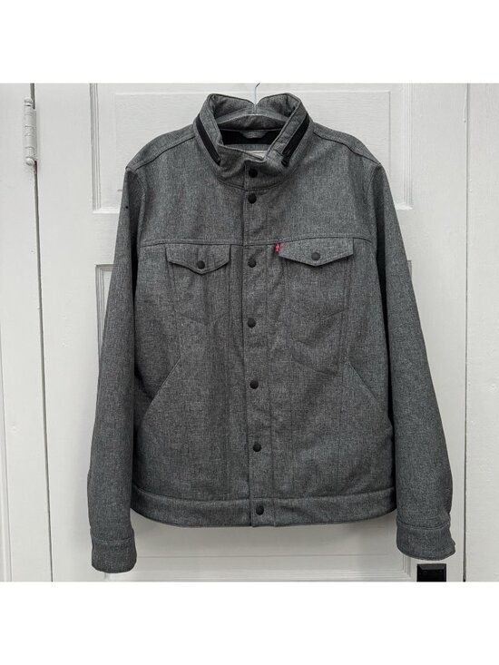 Levi's Other - Levi’s Gray Hooded Trucker Jacket L Snap Front Fleece Lined Hidden Hood FLAW